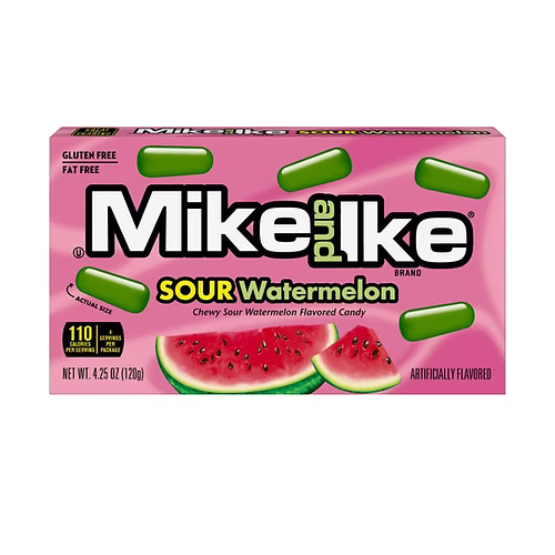 Box of Mike and Ike Sour Watermelon chewy candy with watermelon slices on pink background