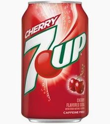 7Up Cherry soda in a 355ml can with red cherry flavor and classic branding, shown in the image.