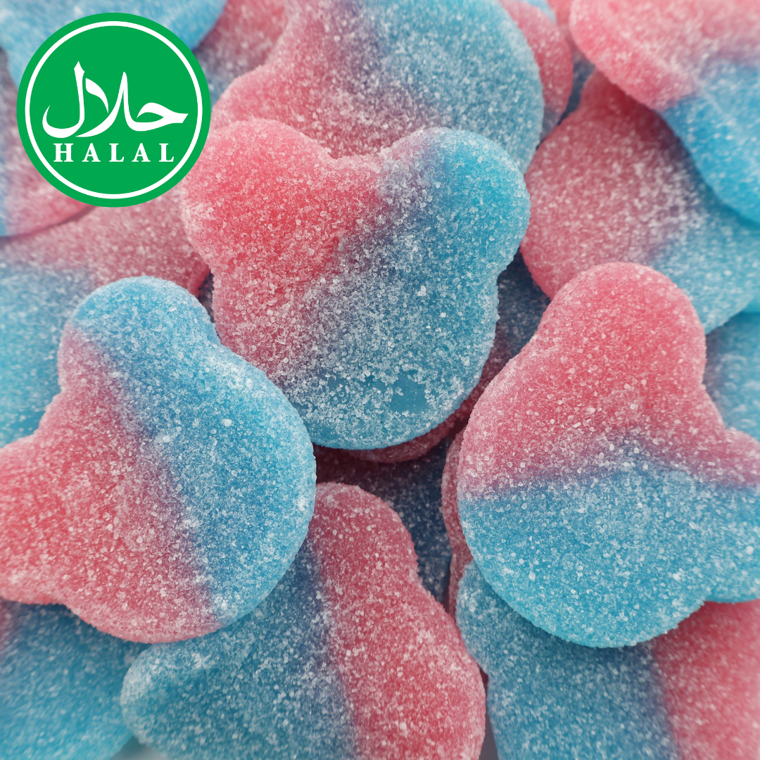 Halal pink and blue sugar-coated bear-shaped gummy candy close-up
