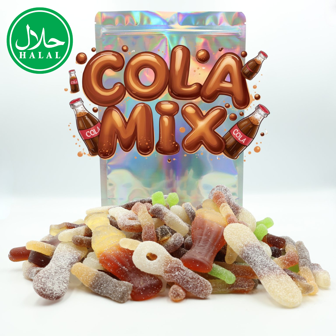 Halal cola mix gummy candies in front of a shiny pouch, with cola bottles and sour keys