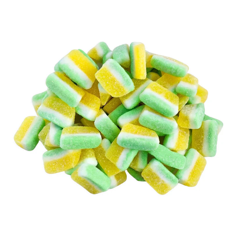 Sweet and tangy sour pineapple slices from Mijn winkel, showing vibrant yellow pineapple pieces on a white background.