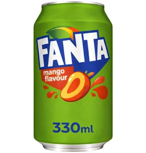 Fanta Mango 330ml bottle with bright orange label and mango flavor branding, chilled soft drink on a white background.