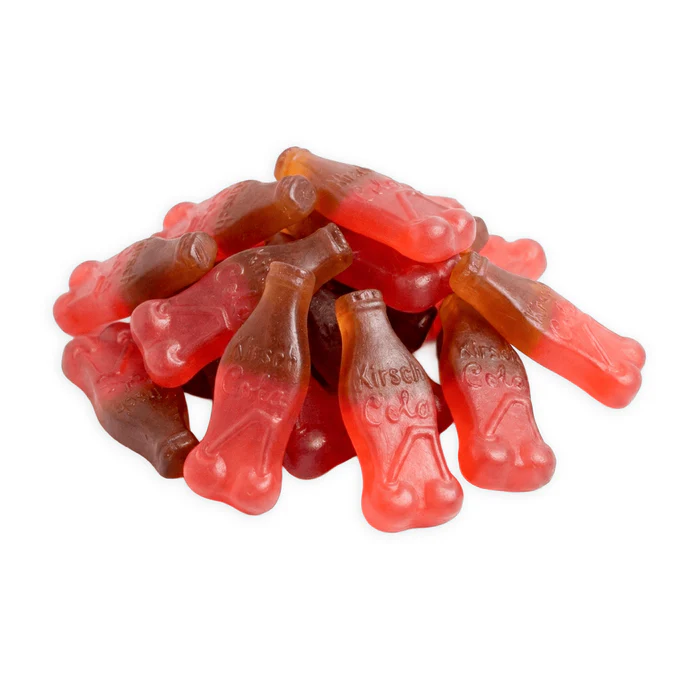 Haribo Kersen Cola Flessen cherry and cola flavored candies in clear plastic bottles, bright and colorful packaging