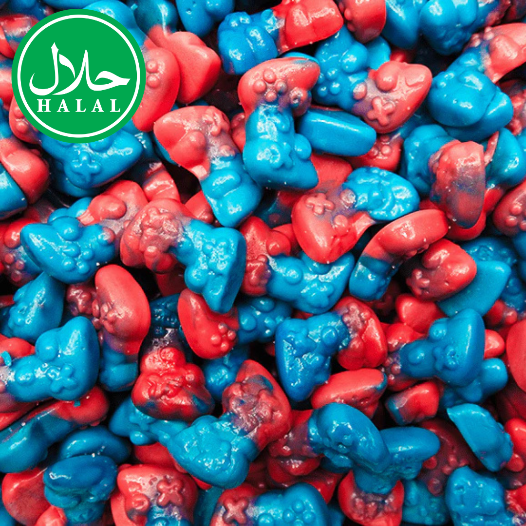 Red and blue halal gummy candies shaped like game controllers, bulk bubblegum flavor
