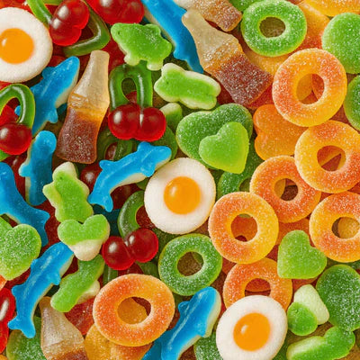 Colorful mix of assorted gummy candies including gummy eggs, rings, cherries, and animals