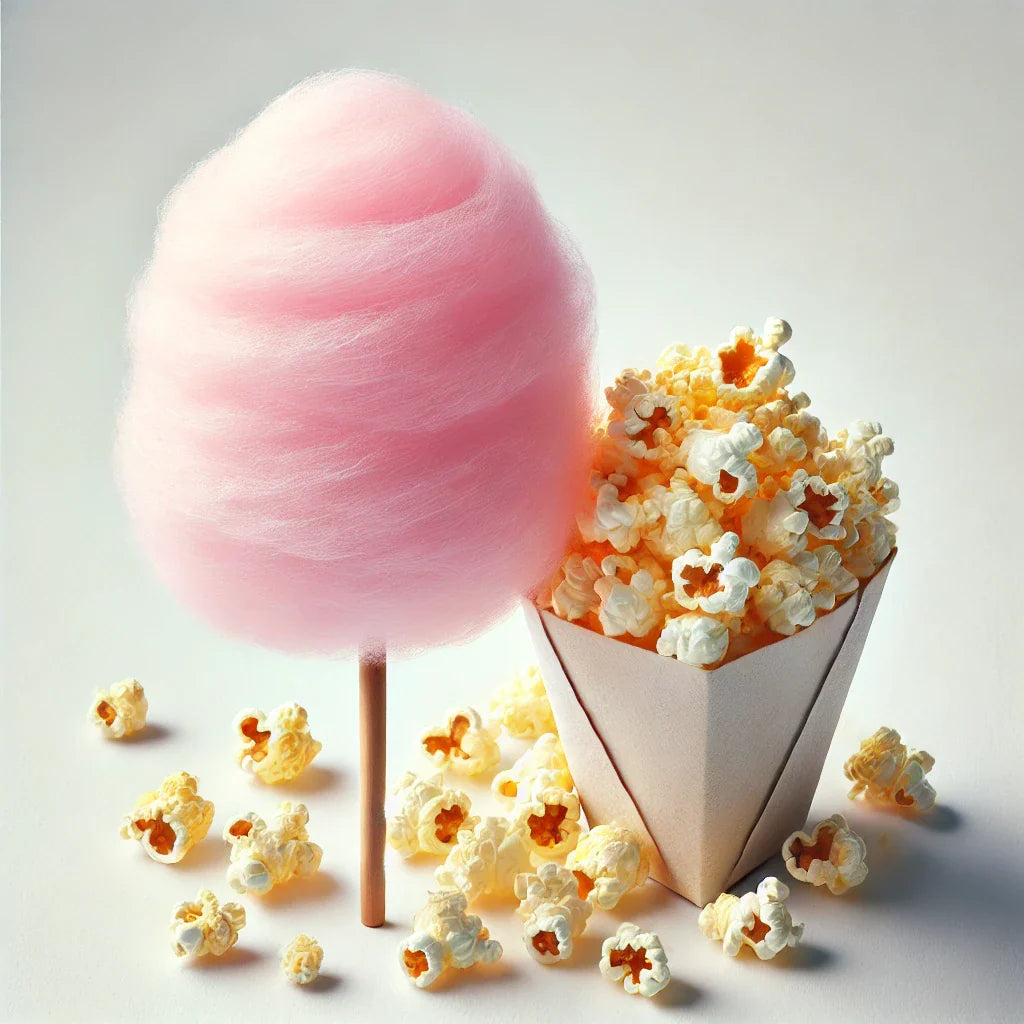 Pink cotton candy on a stick with a carton of fresh popcorn on a white background