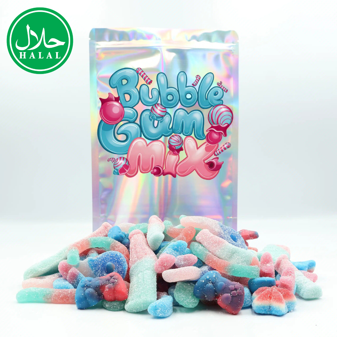 Halal bubble gum mix bag with colorful sour gummy candies in front, holographic packaging