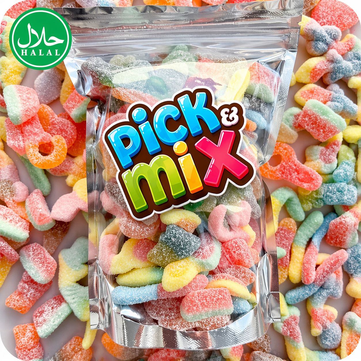 Colorful assortment of candies in a pick and mix candy bag from Mijn winkel, showing various sweets ready to be personalized.