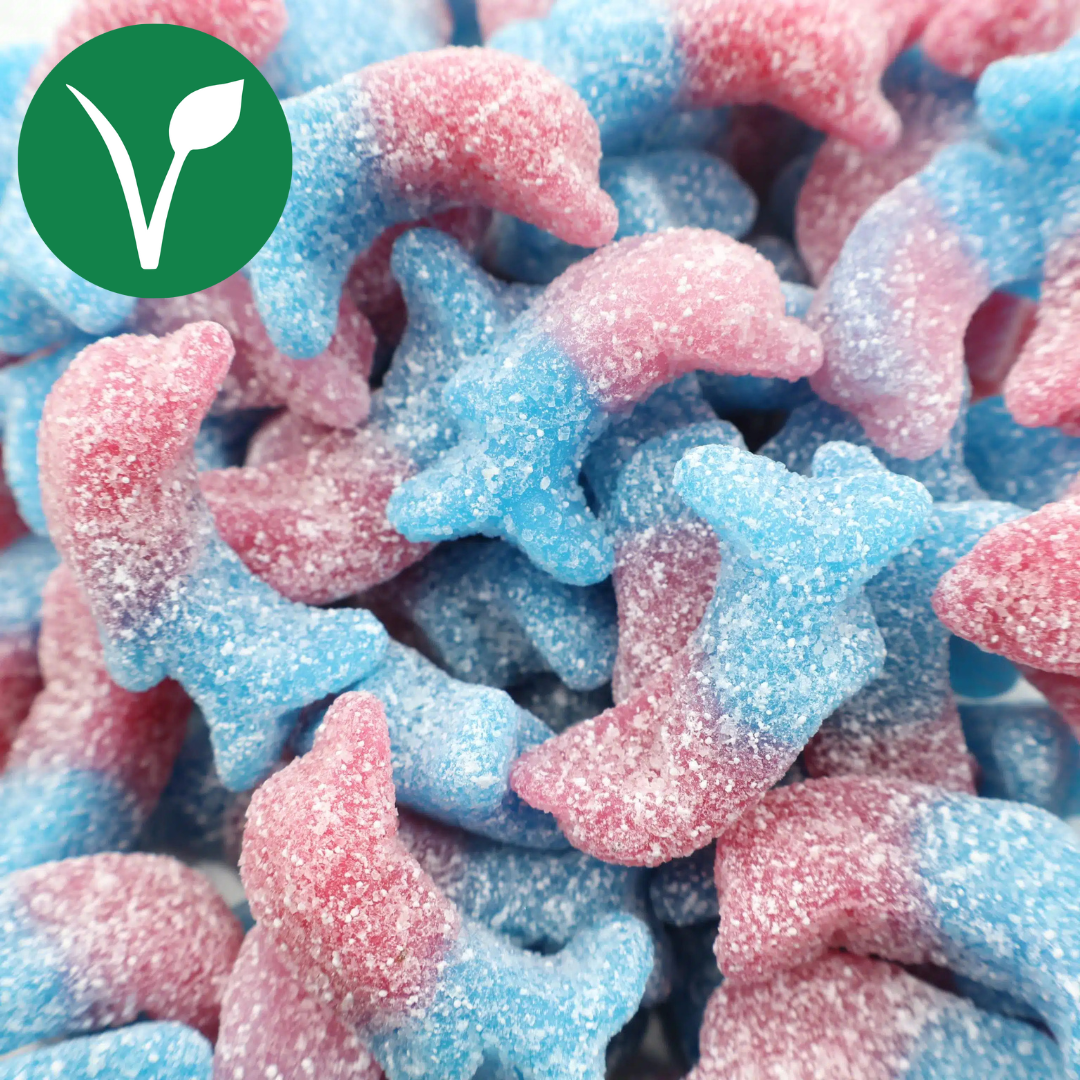 Vegan bubblegum flavor blue and pink dolphin-shaped gummy candies with sugar coating