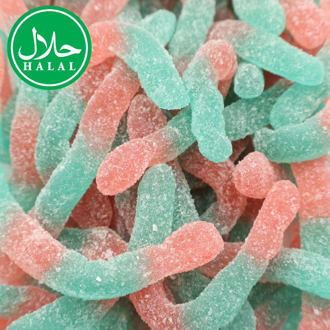 Halal sour gummy worms in blue and pink colors, coated with sugar crystals.