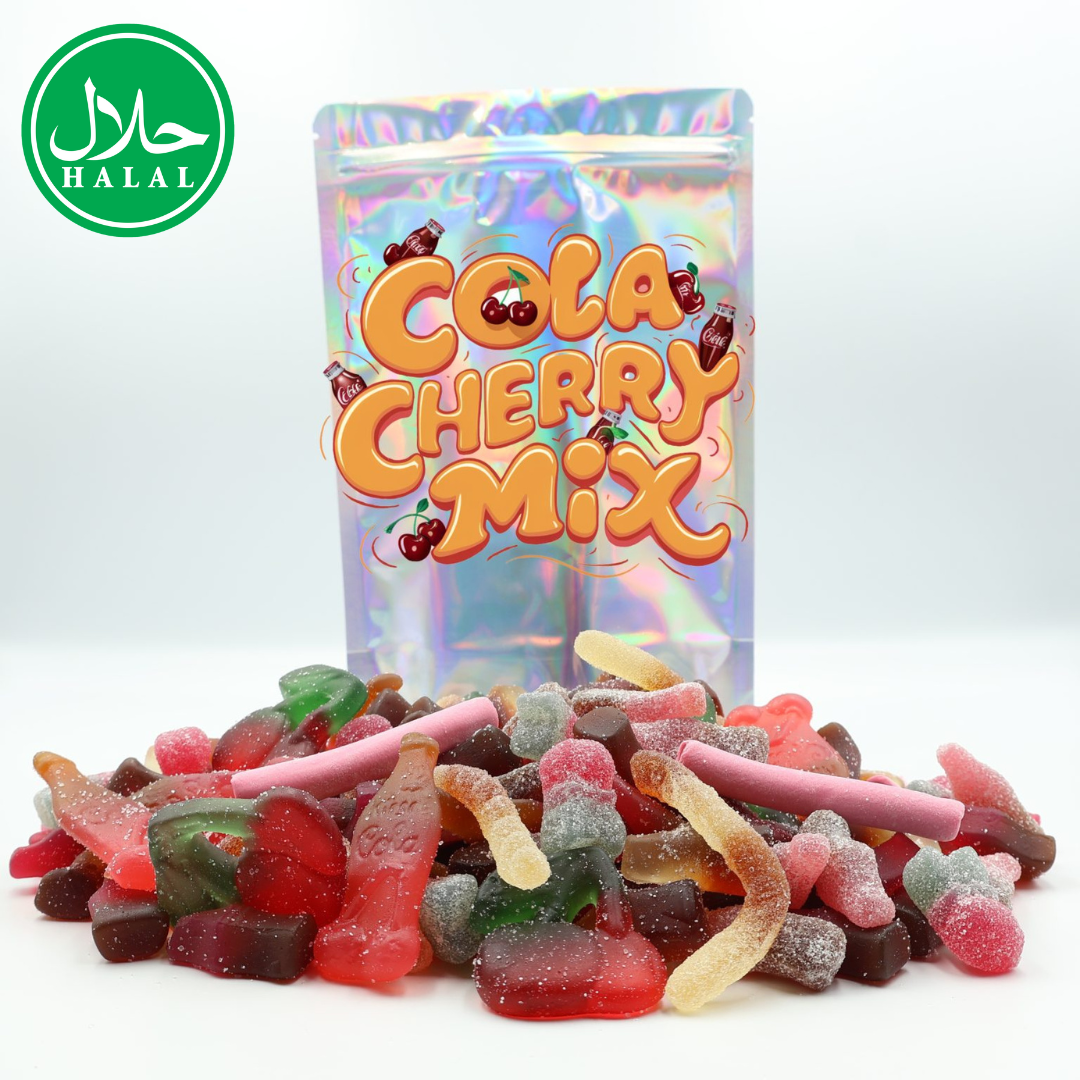 Halal cola cherry mix gummy candies in assorted shapes with colorful packaging