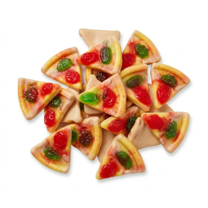 Slices of American-style pizza from Mijn winkel, with gooey cheese, pepperoni, and crispy crust on a white background.
