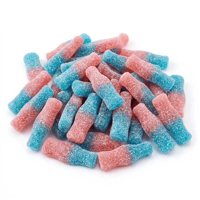 Damel sour bubblegum bottles featuring Zure Bubblegum Flesjes from Mijn winkel, colorful candy bottles on a white background.
