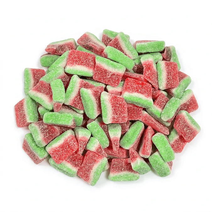 Sweet and sour watermelon slices from Mijn winkel, vibrant red and green gummy candies with a fruity flavor.
