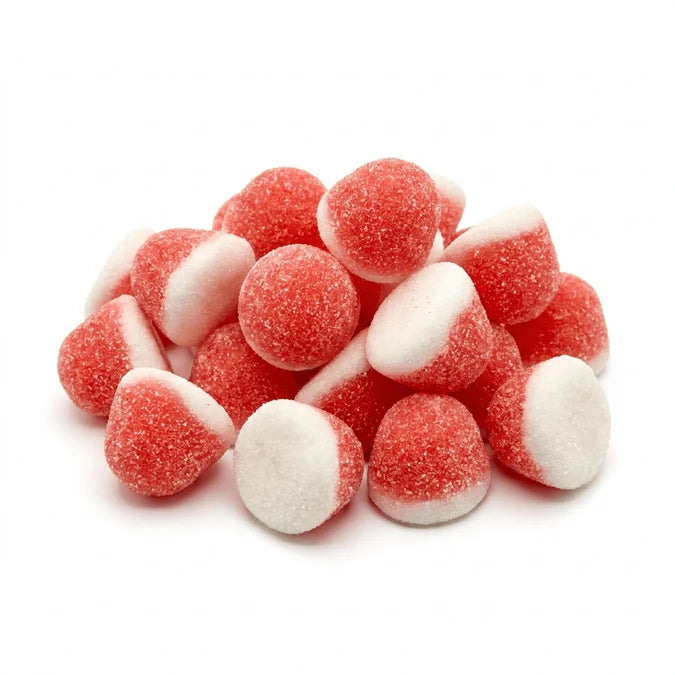 Soft strawberry puffs from Mijn winkel, featuring bright pink, fluffy, and sweet snack treats with a textured, airy appearance.