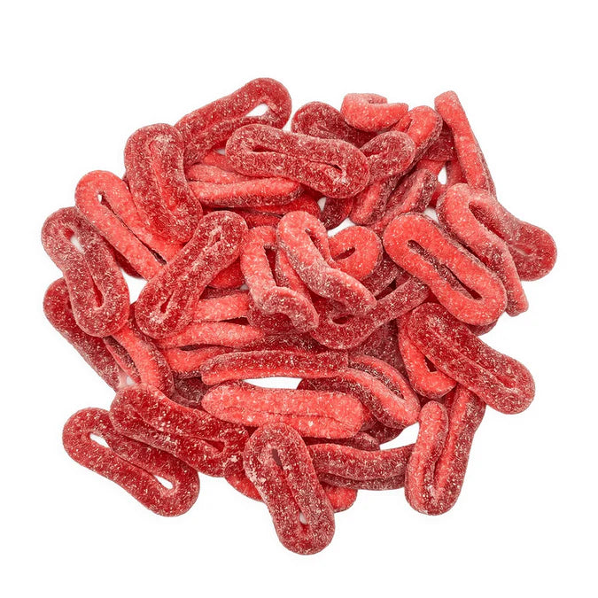 Damel sugared strawberry rings, sweet pink candy jewelry with a glossy, sugared coating, perfect for strawberry-flavored treats.