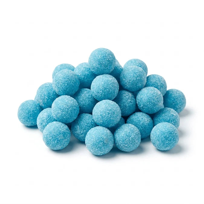 Blue Rocket Balls Sour Blackberry by Mijn winkel, vibrant blue sour candy balls with blackberry flavor and powder coating.