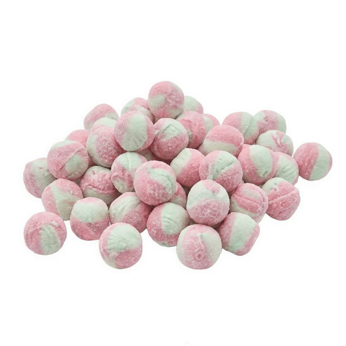 Sour Watermelon Rocket Balls by Mijn winkel, vibrant green and pink watermelon-flavored candy powder balls on a white background.