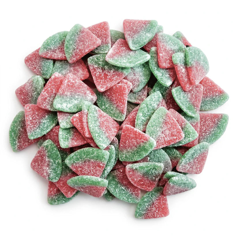 Colorful Veggie Sour Watermelons candy by Mijn winkel, featuring bright green and red watermelon-shaped gummies with sour coating.