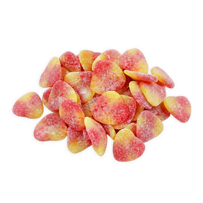 Haribo Happy Peaches gummy candies shaped like sugared peaches with heart details, perfect for sweet snack lovers.