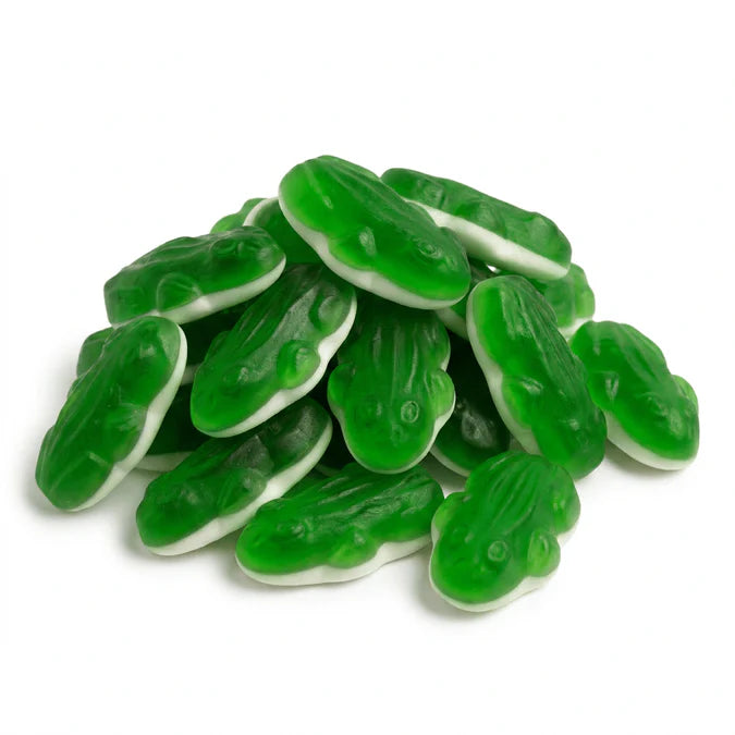 Haribo Kikkers gummy candies in bright green and yellow, shaped like frogs, displayed in a clear bag.