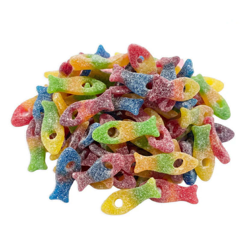 Colorful Zure Gekke Vis candies by Mijn winkel in a vibrant, playful design featuring bright, sour fish-shaped gummy treats.