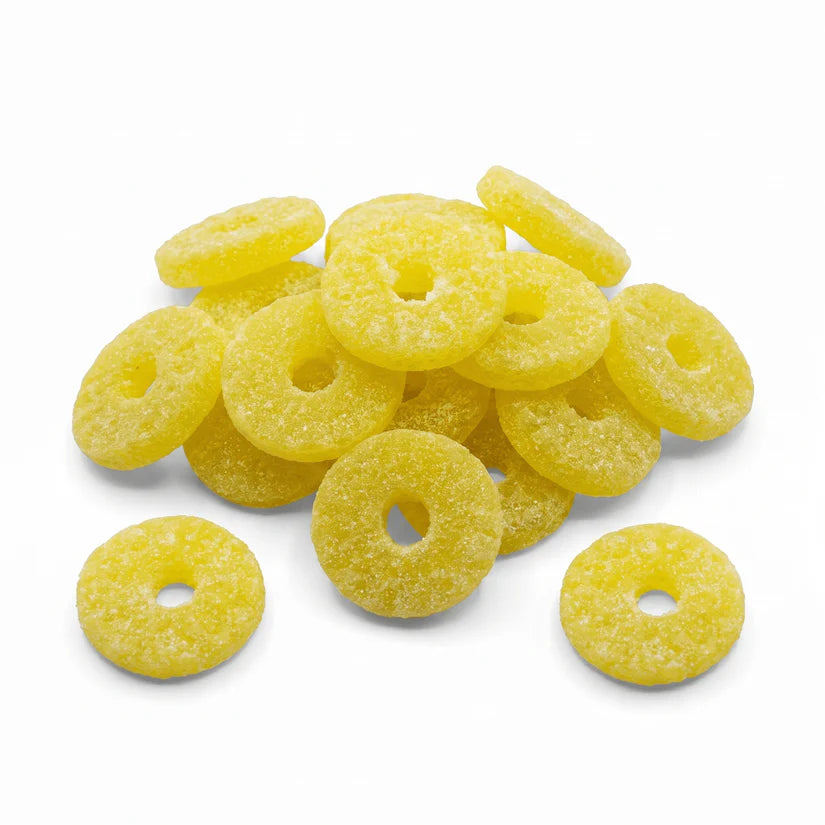 Canned pineapple rings in Veggie Zure Ananas Ringen packaging from Mijn winkel, showcasing the bright, juicy pineapple slices.