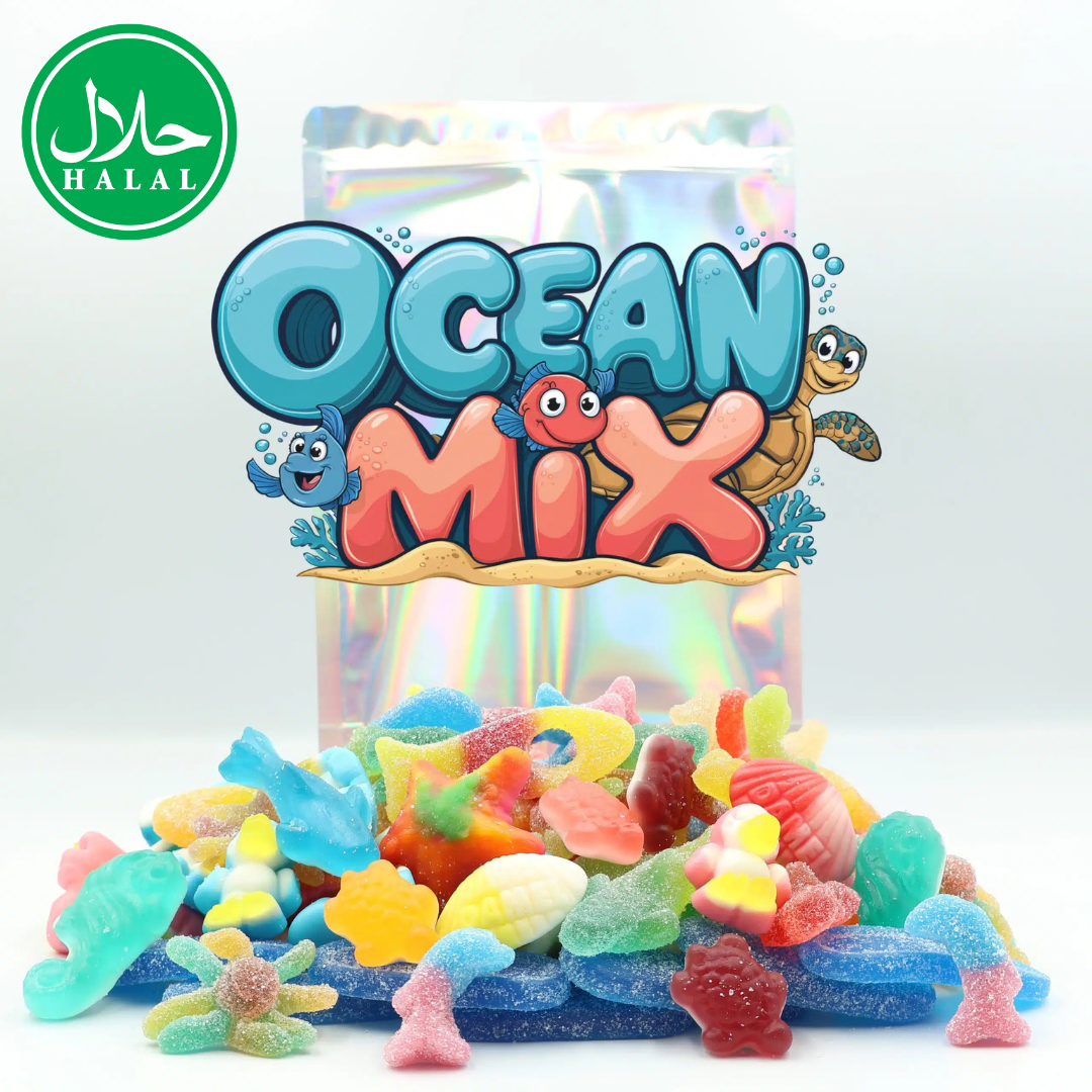 Assorted halal ocean-themed gummy candies in front of a holographic bag with 'Ocean Mix' label.
