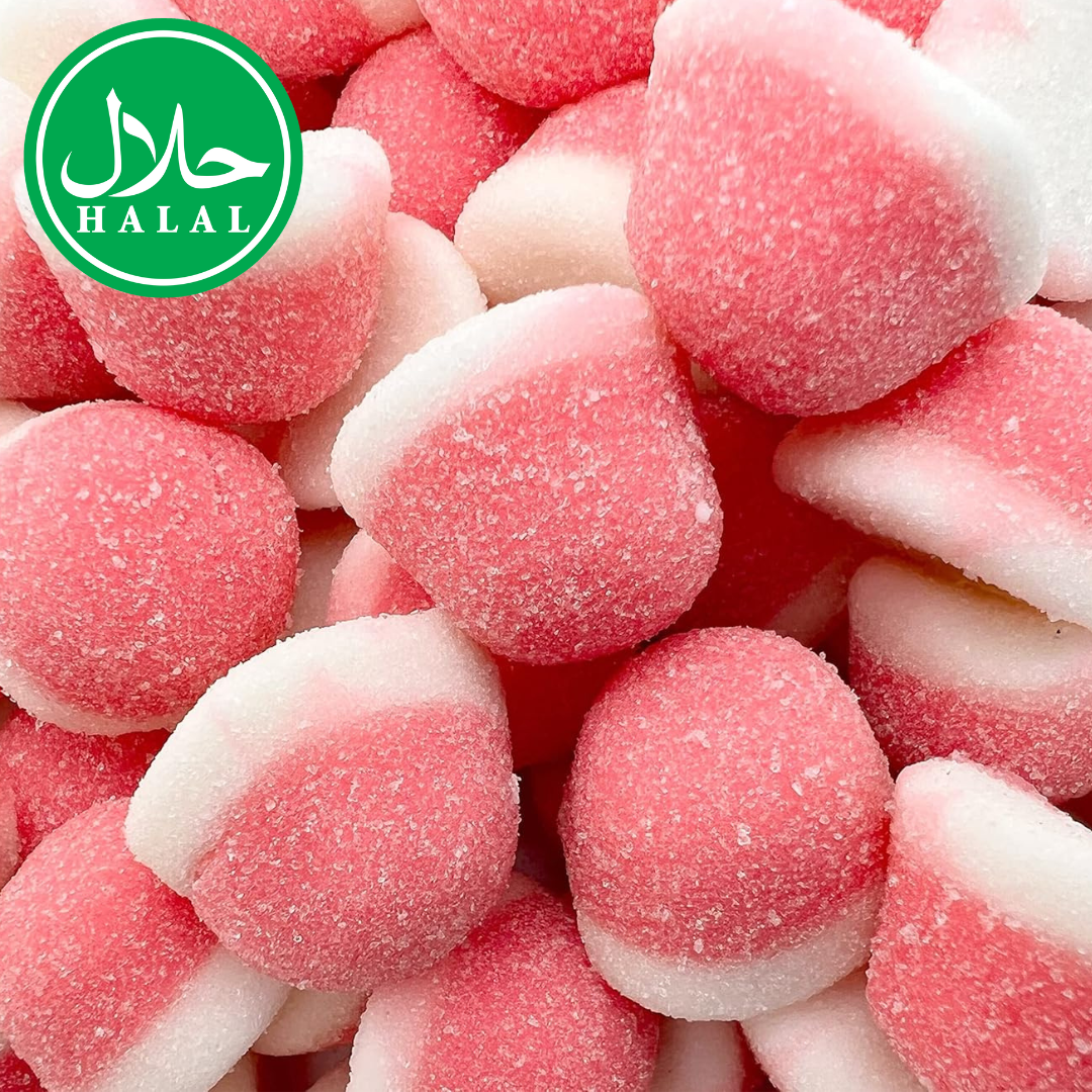 Halal strawberry puffs, pink and white marshmallow candy with sugar coating
