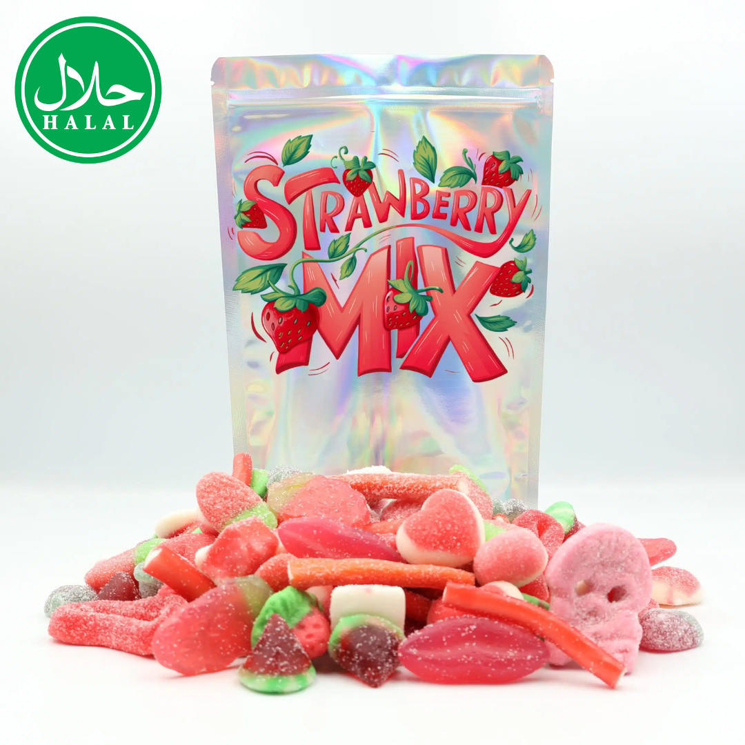 Halal strawberry mix gummy candies in assorted shapes and colors in front of shiny bag