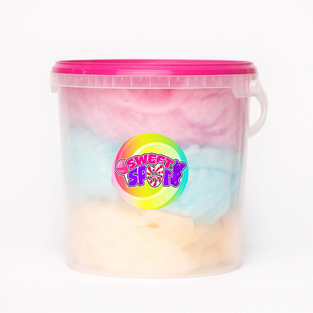 Tub of pink, blue, and yellow cotton candy with pink lid and colorful label