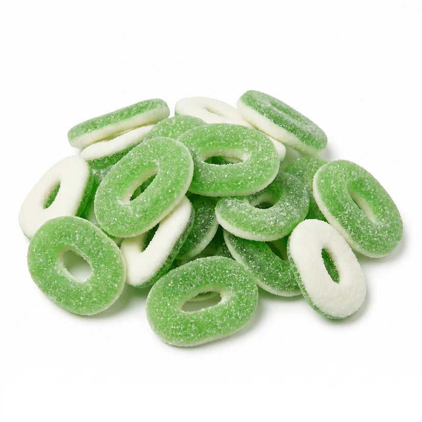 Bright green Sour Apple Rings by Mijn winkel with a chewy texture and tangy apple flavor, displayed in a close-up image.